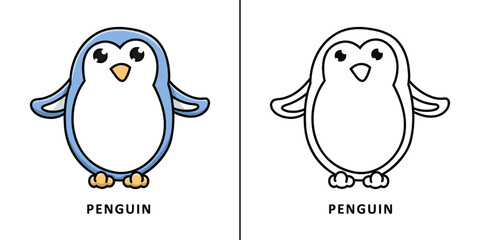 Penguin Icon Cartoon. Animal Winter Symbol Vector Kids Coloring Book