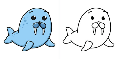 Sea Lion Icon Cartoon. Ocean Animal Character Symbol Vector Kids Coloring Book