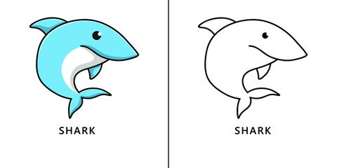 Shark Icon Cartoon. Ocean Animal Mascot Symbol Vector Kids Coloring Book