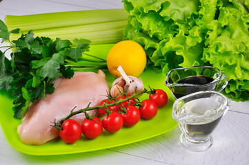 Ingredients for making salad with chicken.