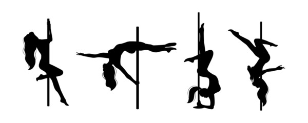 pole dance set of female silhouettes, isolated on a white background - obrazy, fototapety, plakaty