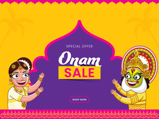 Onam Sale Poster Design With Kathakali Dancer, South Indian Woman Character On Purple And Chrome Yellow Background.