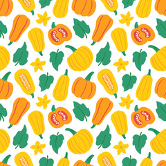 Cute pumpkin seamless pattern. Whole vegetables, slices, leaves and flowers. Flat vector hand drawn illustration in cartoon style