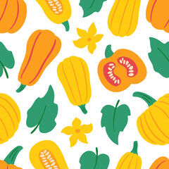 Cute pumpkin seamless pattern. Whole vegetables, slices, leaves and flowers. Flat vector hand drawn illustration in cartoon style