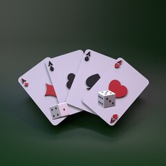 Playing cards, aces. Casino element. Render in 3d.