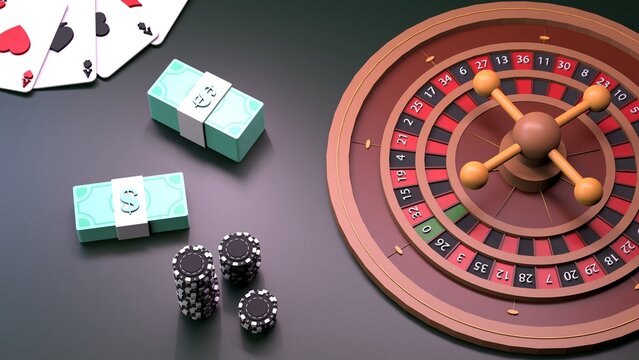 Roulette, chips and playing cards. Casino element. Render in 3D.