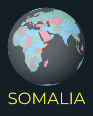 World map centered to Somalia. Red country highlighted. Satellite world view centered to country with name. Vector Illustration.