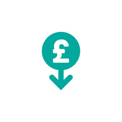 pound sterling down vector icon. White sign in blue circle with arrow down. Economy, finance, money symbol. Currency pictogram. Vector illustration.