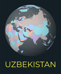 World map centered to Uzbekistan. Red country highlighted. Satellite world view centered to country with name. Vector Illustration.
