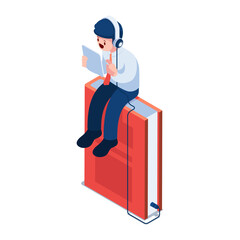 Isometric Businessman sitting on The Book and Listening to Audiobooks