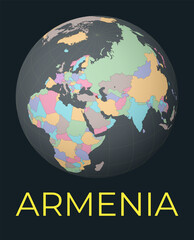 World map centered to Armenia. Red country highlighted. Satellite world view centered to country with name. Vector Illustration.