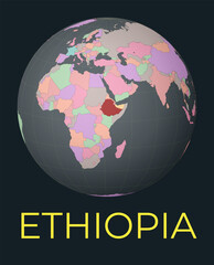 World map centered to Ethiopia. Red country highlighted. Satellite world view centered to country with name. Vector Illustration.