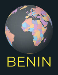 World map centered to Benin. Red country highlighted. Satellite world view centered to country with name. Vector Illustration.