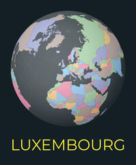 World map centered to Luxembourg. Red country highlighted. Satellite world view centered to country with name. Vector Illustration.