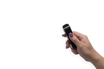 Hand holding an electronic cigarette isolated on white background. Alternative way of smoking.