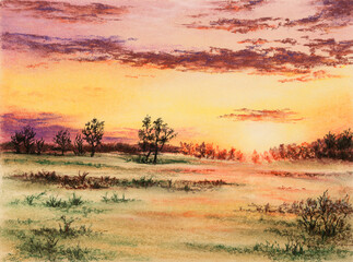Naklejka na ściany i meble Sunset over meadows. Soft pastel on cardboard.