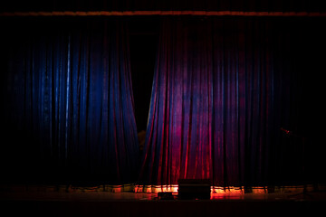 Curtain on stage. Closing curtain after performance.