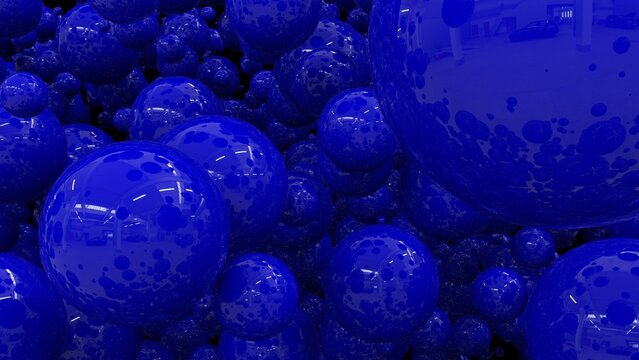 An abstraction with blue shiny balls. Blue background of blue glossy balls with highlights. Lots of blue balls. 3D image. 3D rendering. 3D illustration.