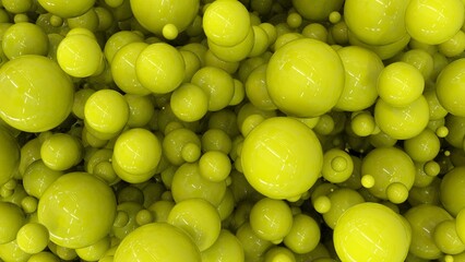 An abstraction with yellow shiny balls. Yellow background of yellow glossy balls with highlights. Lots of yellow balls. 3D image. 3D rendering. 3D illustration.
