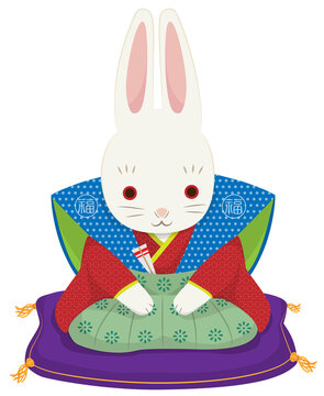 A white rabbit sitting upright in a kimono