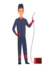 Welder at work. Man repairs. Young guy in work clothes. Worker in protective mask and gloves. Welding equipment