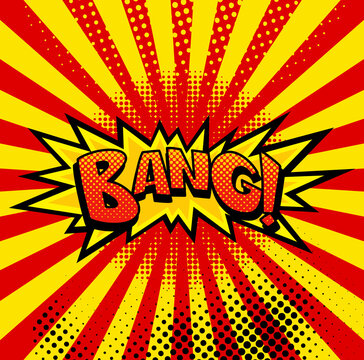 Comic book sound. Colored hand drawn speech bubble. Bang sound chat text effect in pop art style. Funny design vector item