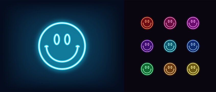 Naklejki Outline neon smiling emoji icon. Glowing neon happy emoticon with smile and big eyes, happy face pictogram