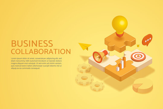 Business cooperation concept, puzzle, light bulb, megaphone, graph, dartboard on yellow background.