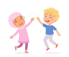 Caucasian boy and muslim girl giving high five to each other, happy kids meeting