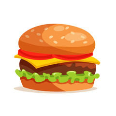 Cheeseburger, American fast food, big burger with BBQ beef under cheese, tomato, lettuce