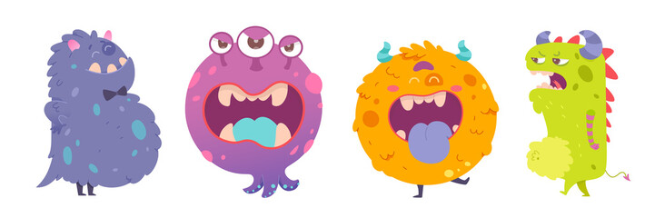 Cute monster characters set, alien animals with funny faces, beast with tongue and horns © backup_studio