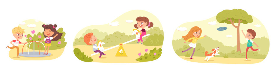 Obraz na płótnie Canvas Children playing in park or playground set. Happy kids doing outdoor summer activities vector illustration. Boy and girl with dog, on swing and carousel