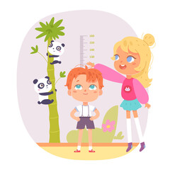 Kids friends measure height with ruler and cheerful pandas on bamboo vector illustration. Cartoon girl standing with baby boy, chart of progress growth with scale in centimeters and animals on white.