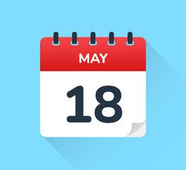 May 18, eighteen of the month on calendar icon. Date and month symbol.