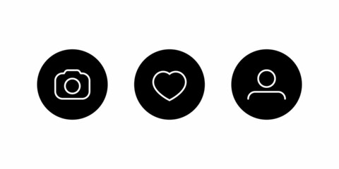 Camera, love, and profile button. Icon set of social media