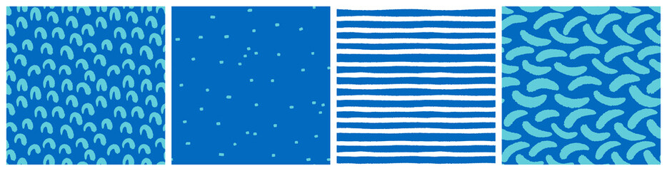 Aqua blue seamless pattern set with different hand drawn shapes and lines. Vector background in blue and white colors