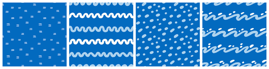 Blue and white abstract nautical style seamless pattern set with water drops and sea waves.
