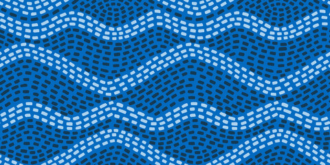 Blue mosaic seamless pattern with abstract wavy design. Vector background in Mediterranean style.