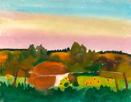 Watercolor. Rustic motif. Haystack at sunset. Watercolor painting