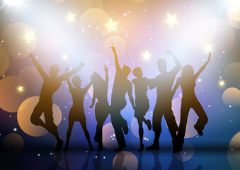 Fototapeta na wymiar Silhouettes of party people dancing on lights and stars background