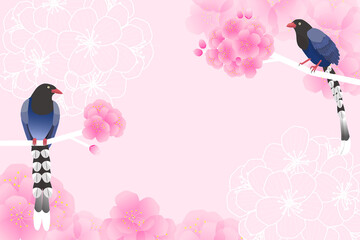 vector background with birds (Taiwan Blue Magpie) , cherry blossom in pink colors