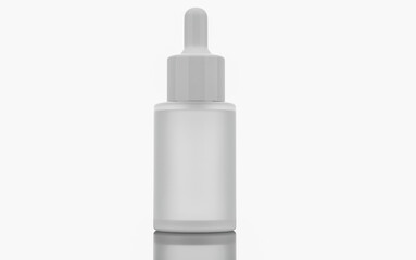 30 ml. Skincare container, Clear rough glass dropper bottle with white header , white cover, body filled with clear liquid. 3D rendered.