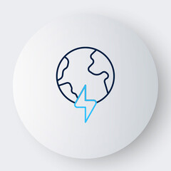 Line Global energy power planet with flash thunderbolt icon isolated on white background. Ecology concept and environmental. Colorful outline concept. Vector