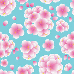 seamless pattern of cherry blossoms in bright blue