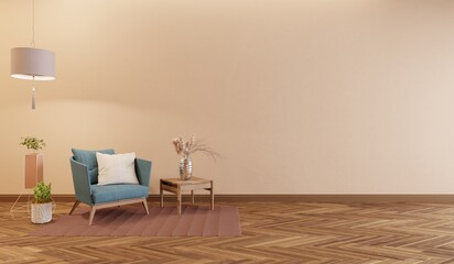 Minimalist modern living room interior background, empty wall orange tone, 3d rendering