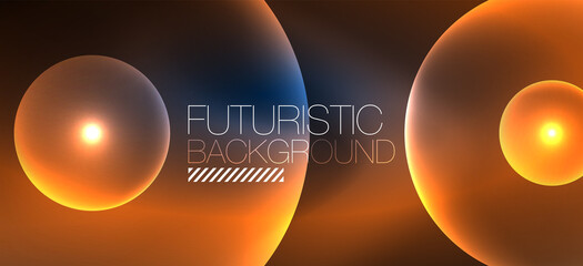 Shiny neon geometric abstract background. Glowing lights on round shapes, triangles and circles. Wallpaper for concept of AI technology, blockchain, communication, 5G, science, business