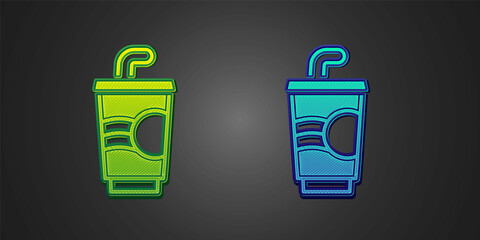 Green and blue Paper glass with drinking straw and water icon isolated on black background. Soda drink glass. Fresh cold beverage symbol. Vector