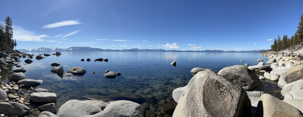Scenic view of rocky Lake Tahoe on a sunny day