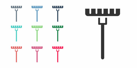 Black Garden rake icon isolated on white background. Tool for horticulture, agriculture, farming. Ground cultivator. Housekeeping equipment. Set icons colorful. Vector