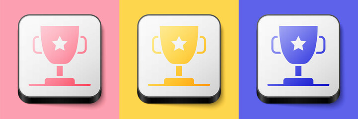 Isometric Award cup icon isolated on pink, yellow and blue background. Winner trophy symbol. Championship or competition trophy. Sports achievement sign. Square button. Vector